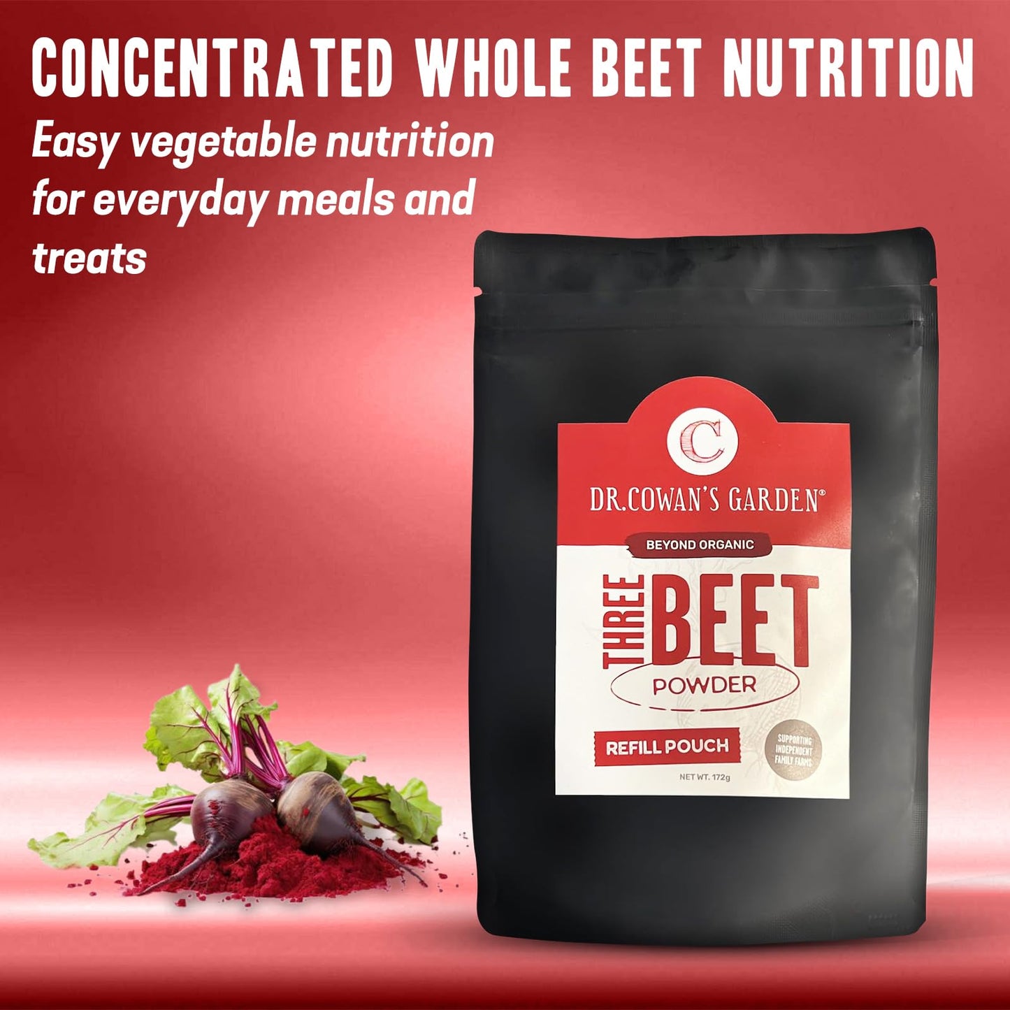 Dr. Cowan’s Garden Organic Three Beet Powder Refill Pouch - Certified Detroit Red, Chiogga & Golden Beets - USA Grown Beetroot Powder in Miron Glass