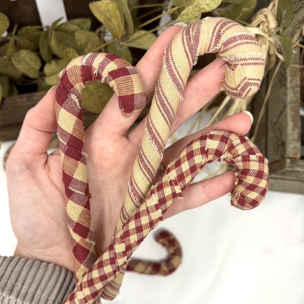 Set of 6 Primitive Red & Tea Dye Plaid Homespun Fabric Covered Candy Cane Ornaments for Christmas by Marilee Home