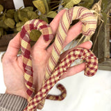 Set of 6 Primitive Red & Tea Dye Plaid Homespun Fabric Covered Candy Cane Ornaments for Christmas by Marilee Home