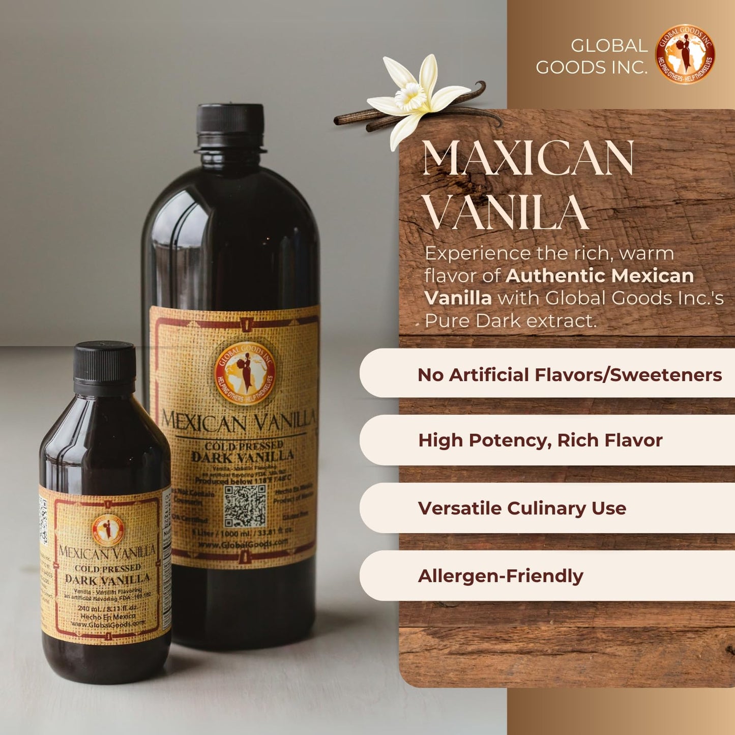 Pure Dark Mexican Vanilla Extract Gluten-Free Vanilla for Baking, Cakes, Cookies, Desserts, Coffee & Beverages (1 Liter / 33.81 fl oz) - Natural, No