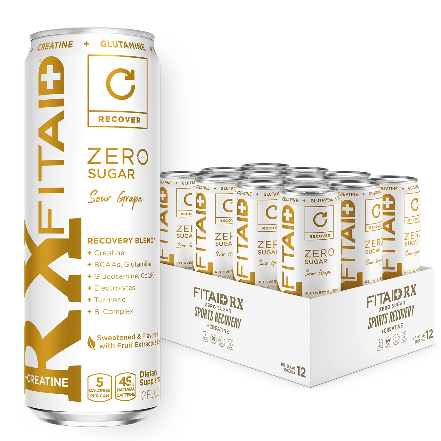 FITAID Rx Zero, Keto-Friendly, Number 1 Post-Workout Recovery Drink, 0g Sugar, Quercetin, Creatine, BCAAs, Green Tea, 5 Calories, 12 Fl Oz (Pack