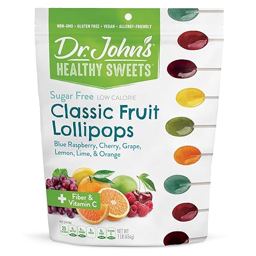 Dr. John’s Sugar Free Candy, Healthy Lollipops with Zero Sugar, Low Calorie Snacks, Keto Friendly Hard Candy Sweets, Classic Fruit, Oval, 60 Count, 1