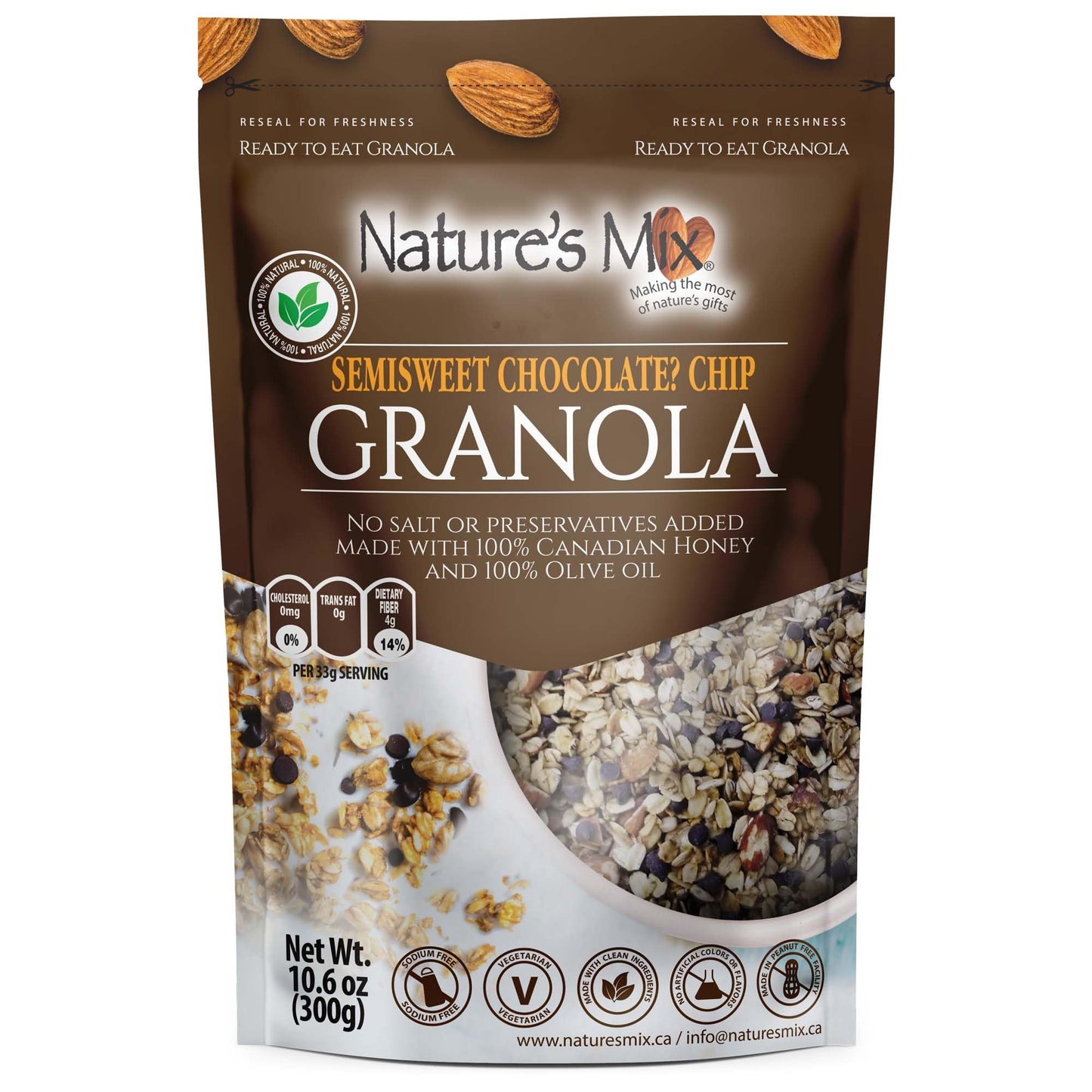Nature's Mix - Chocolate Chip Granola - Almonds, Chocolate Chips, and Canadian Honey - Dairy and Soy Free - No Added Sugar or Preservatives - Small