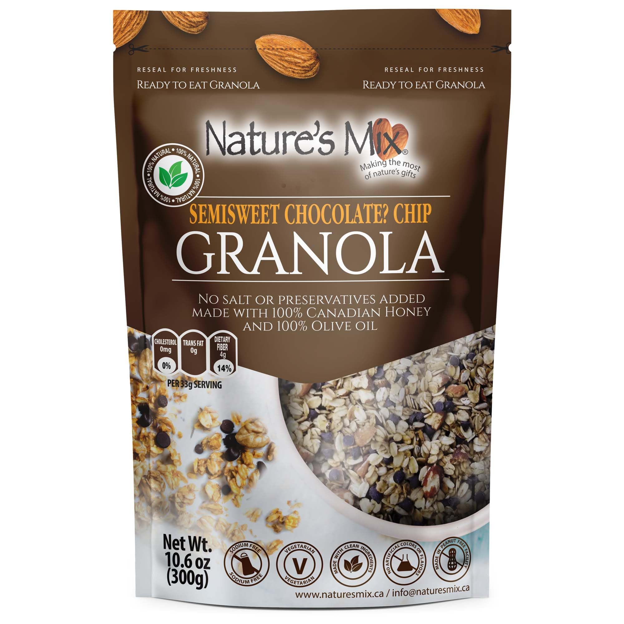 Nature's Mix - Chocolate Chip Granola - Almonds, Chocolate Chips, and Canadian Honey - Dairy and Soy Free - No Added Sugar or Preservatives - Small