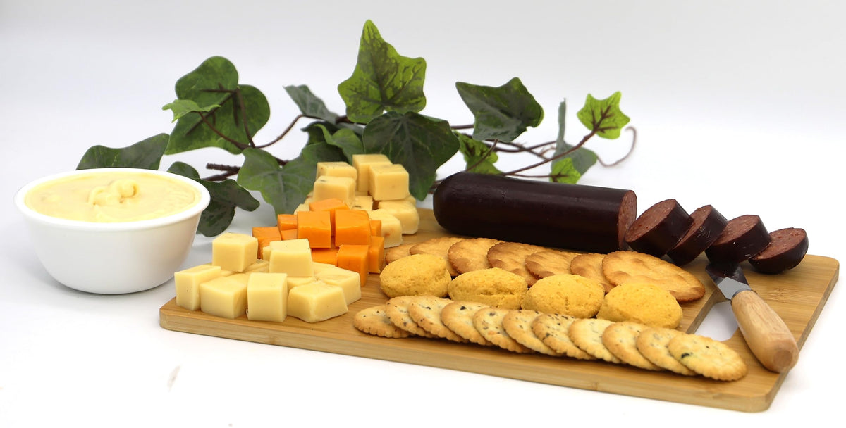Gift Basket Village - In This Home Gourmet Cutting Board Set: Crackers, Sausages, Salmon, Cheeses, and Spreaders, Perfect for Any Occasion