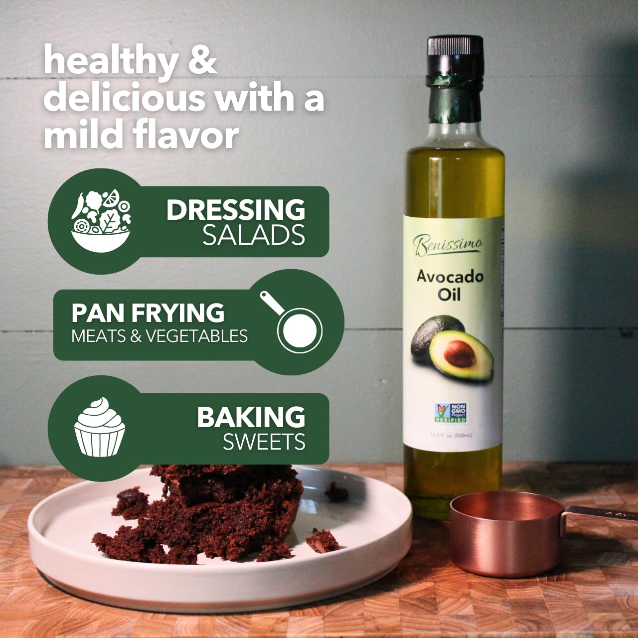 Benissimo 100% Pure Avocado Oil, 500ml Glass Bottle, Allergen-Free and Non-GMO, Premium Cold-Pressed Cooking Oil for Grilling, Sautéing, Baking