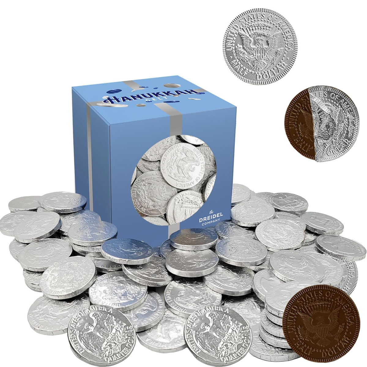 The Dreidel Company Hanukkah Coins, Dark Bittersweet Silver Gelt, Parve Kosher Chanukah Gelt, Made in Israel (2-Pack)