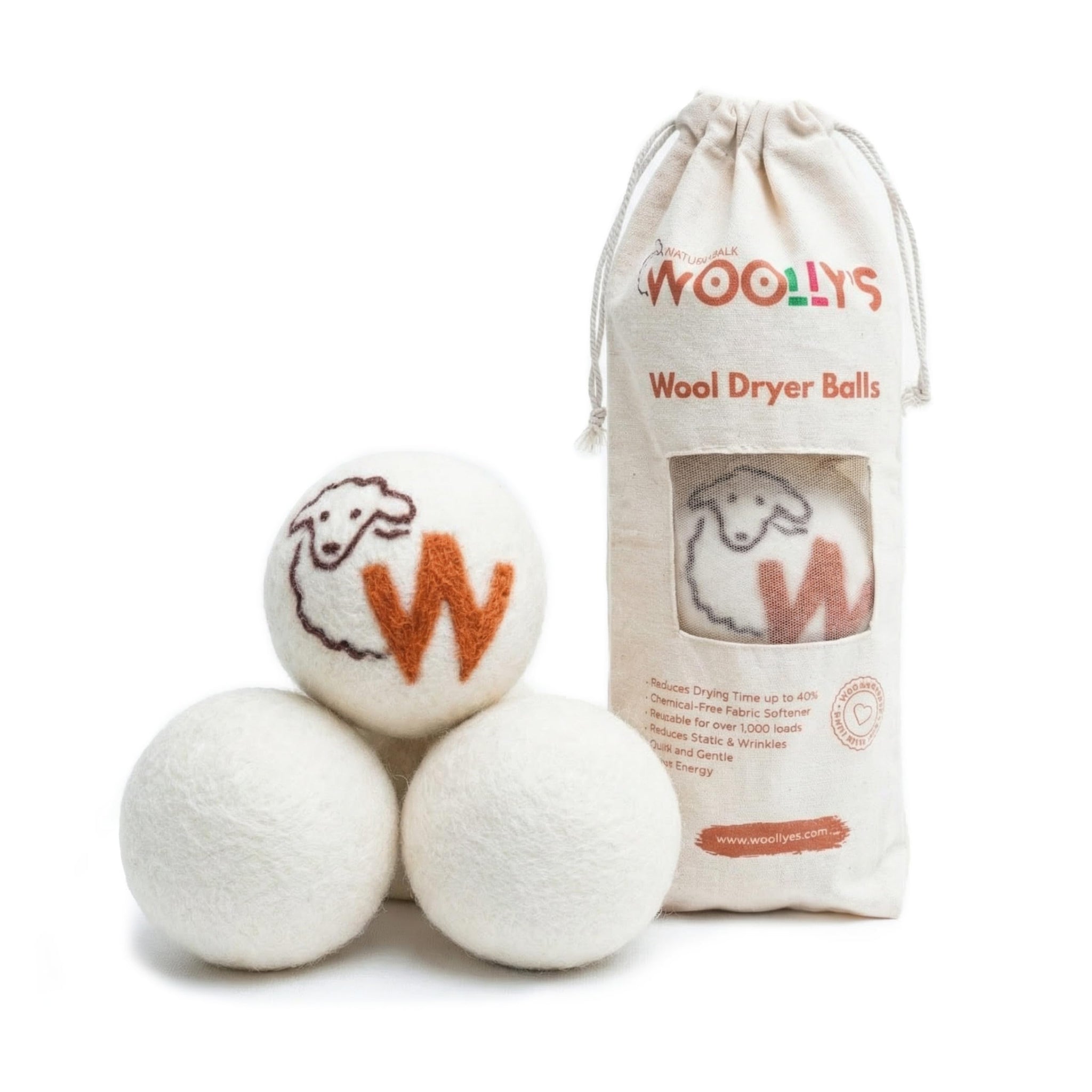 Woolly's Wool Dryer Balls - 100% Pure New Zealand Wool, Reusable Natural Fabric Softener, Reduces Drying Time & Clothes Wrinkles, Chemical-Free Dryer