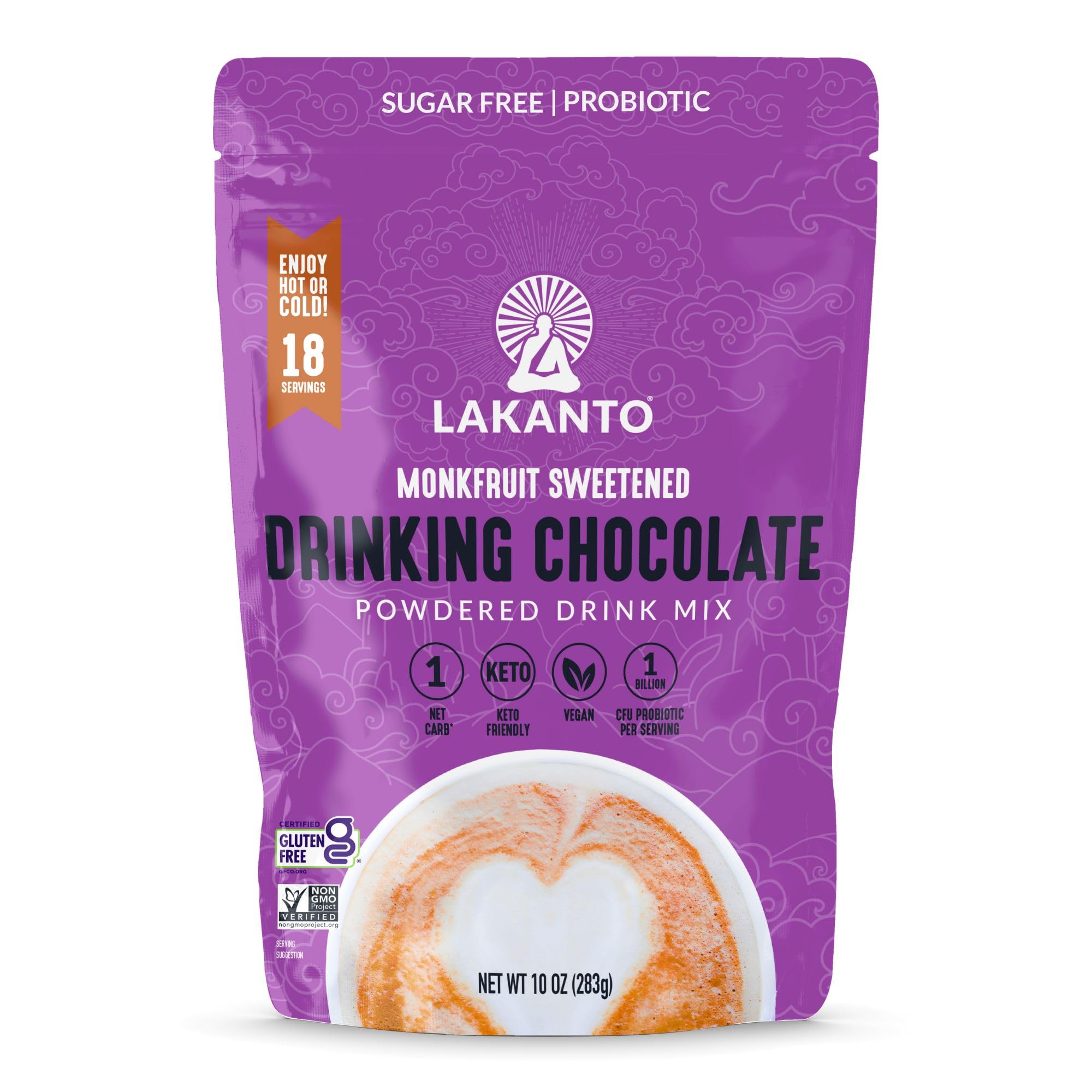 Lakanto Sugar Free Drinking Chocolate - Cold or Hot Cocoa Powder Mix, Shelf Stable Probiotics, Monk Fruit Sweetener, Keto Diet Friendly, Vegan, Dutch