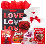 Valentines Day Gift Basket Set | Teddy Bear Plush (RED OR WHITE), Elmer Heart Chocolate, Milk Chocolate Bar, Kit Kat Chocolate Bar, Glico Pocky