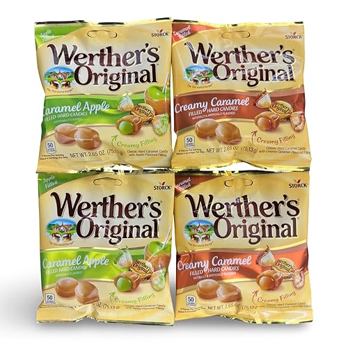 Werther's Original 2.65oz Creamy Caramel Filled Hard Candies and Caramel Apple Filled Hard Candies 4-pack Bundled Set