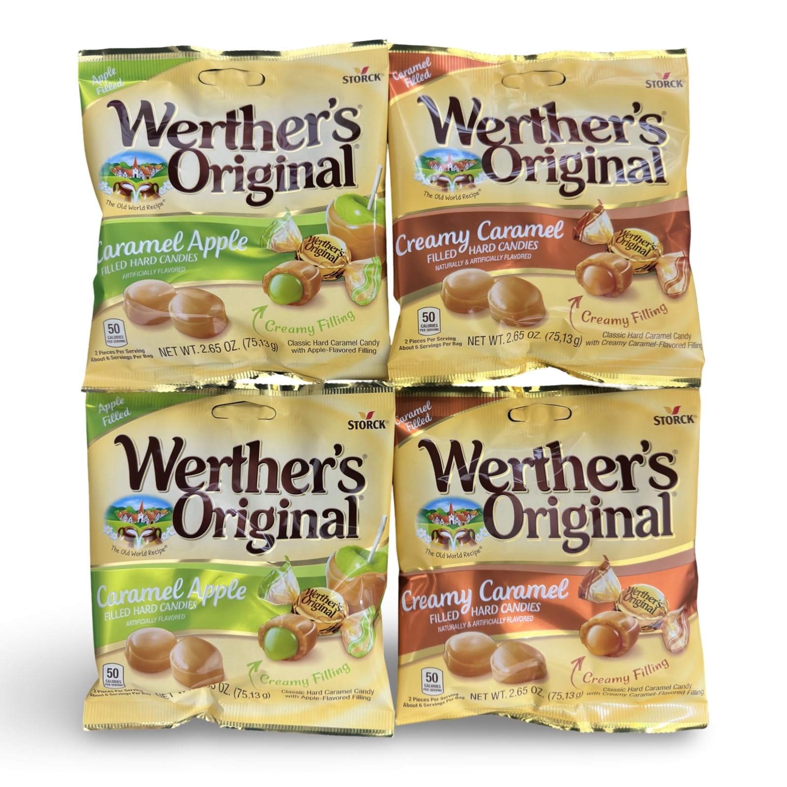 Werther's Original 2.65oz Creamy Caramel Filled Hard Candies and Caramel Apple Filled Hard Candies 4-pack Bundled Set