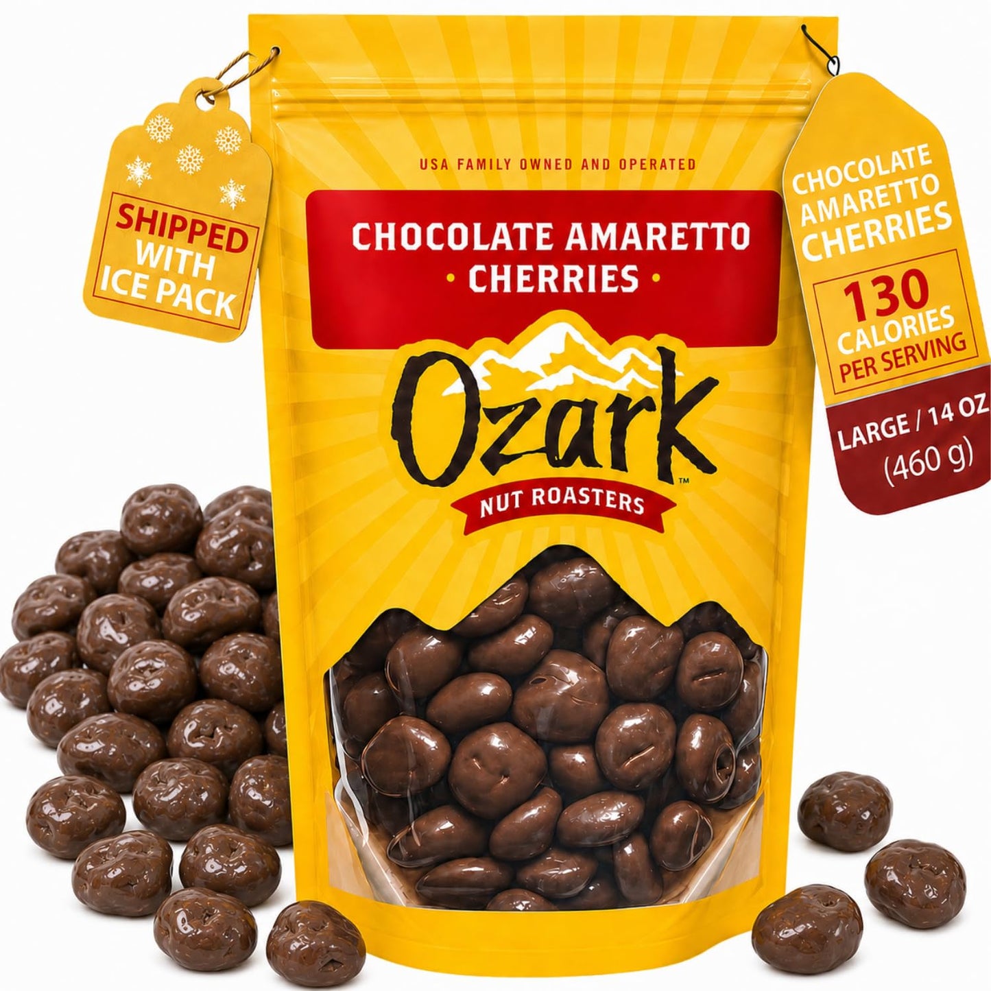 OZARK NUT ROASTERS, Chocolate Amaretto Cherries, Chocolate-Flavored Cherry Snacks, World-Class Gourmet Milk Chocolate Coated Cherries, Resealable Pack
