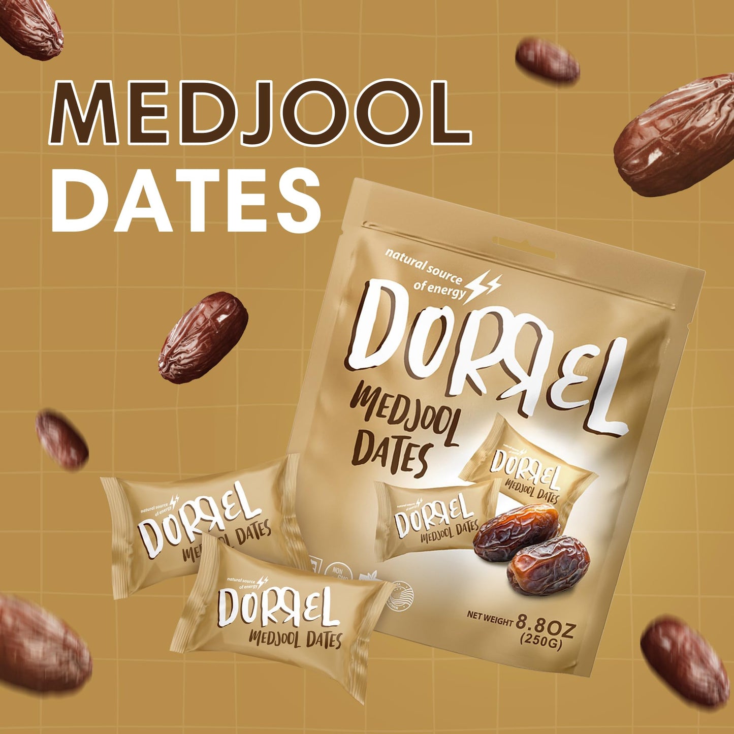 DORREL - Medjool Dates, Individually Wrapped Snacks for High Energy, Nutritious Snack, Delicious, Kosher & Non-GMO Dates Individually Packaged