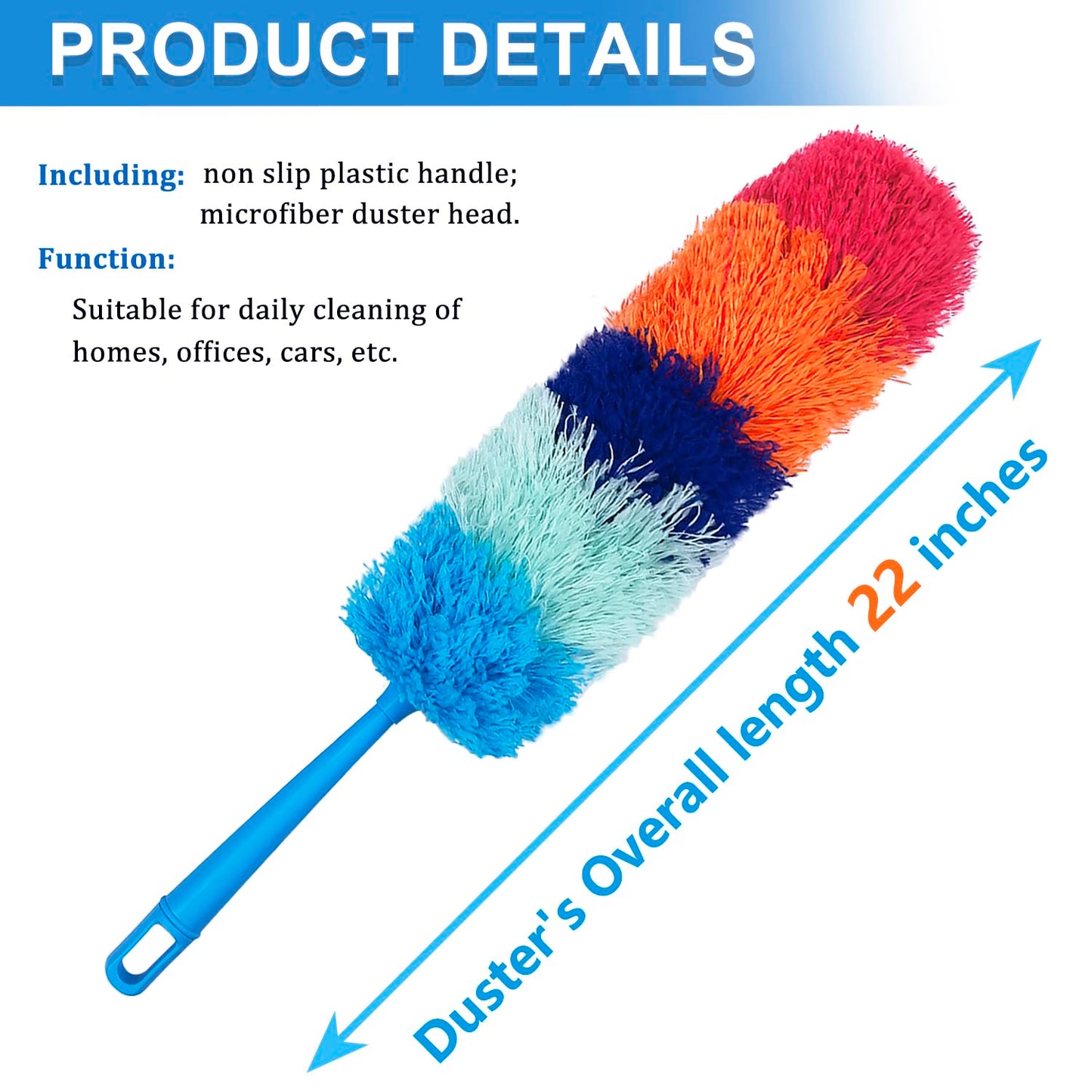 2 Pack 22-Inch Rainbow Reusable Microfiber Dusters,Bendable and Washable Feather Duster for Everyday Cleaning in Home, Library, Office, Car, and More