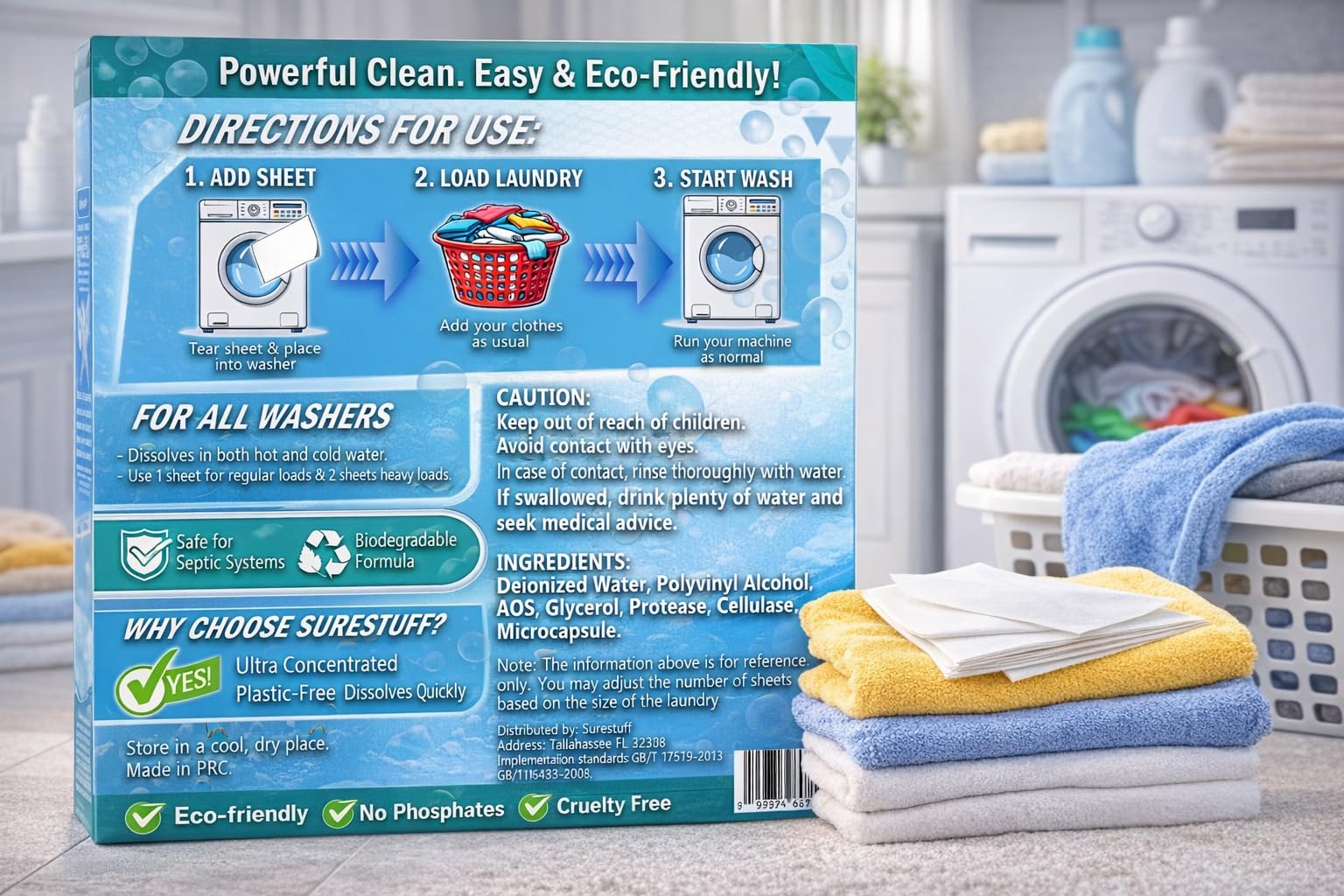 SureStuff Laundry Detergent Sheets Fresh Scent - 80 (7"x11") Loads Eco Liquidless Soap - Travel-Friendly for Hot & Cold Cycles, Tackles Tough Stains