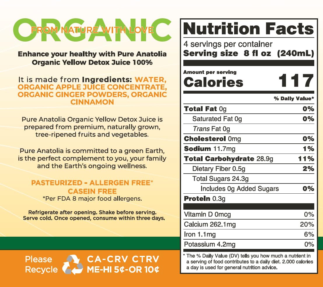 Pure Anatolia Organic Yellow Detox Juice 32 fl oz - Apple Juice Organic Blend with Ginger Liquid & Cinnamon - No Preservatives, Gluten Free