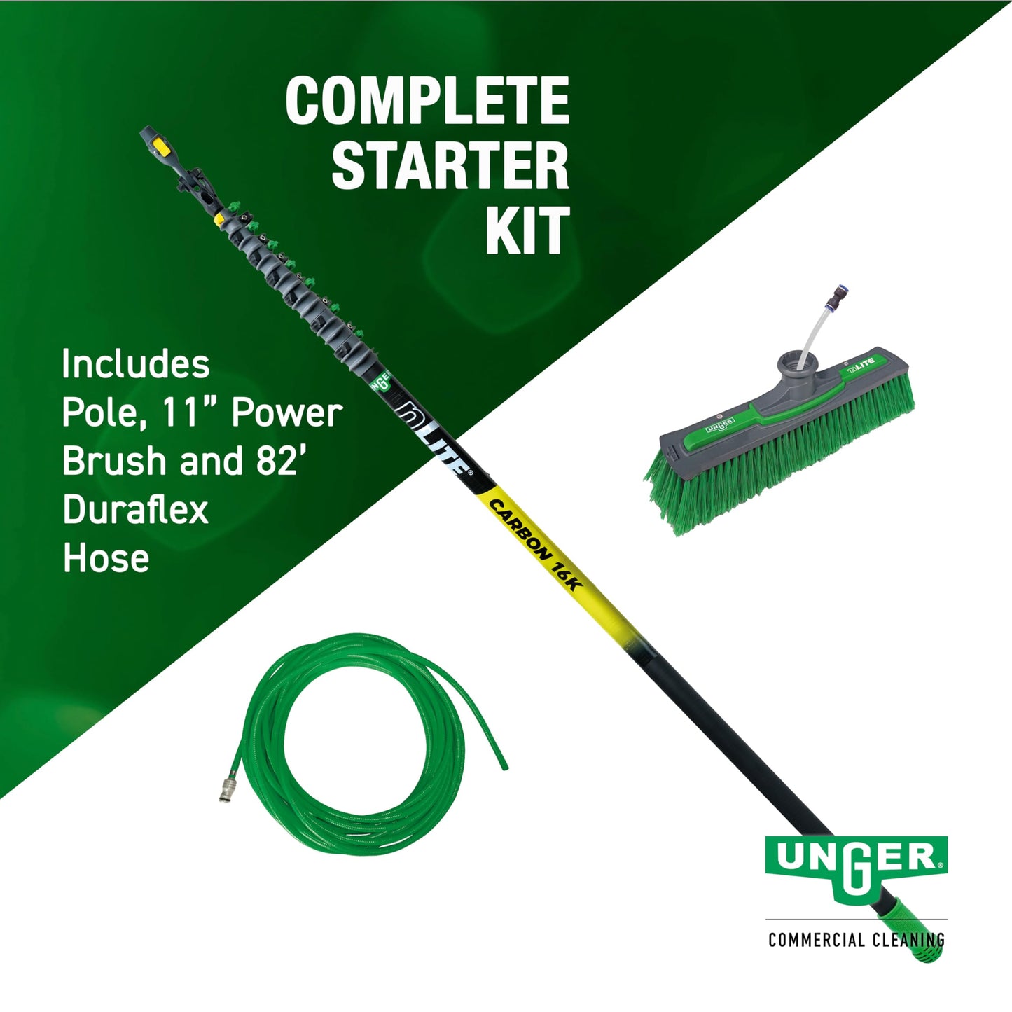 Unger Commercial Window Cleaner Waterfed Pole Kit - nLITE Carbon 16K 40' Waterfed Pole Starter Set with Brush & Hose - C12BH