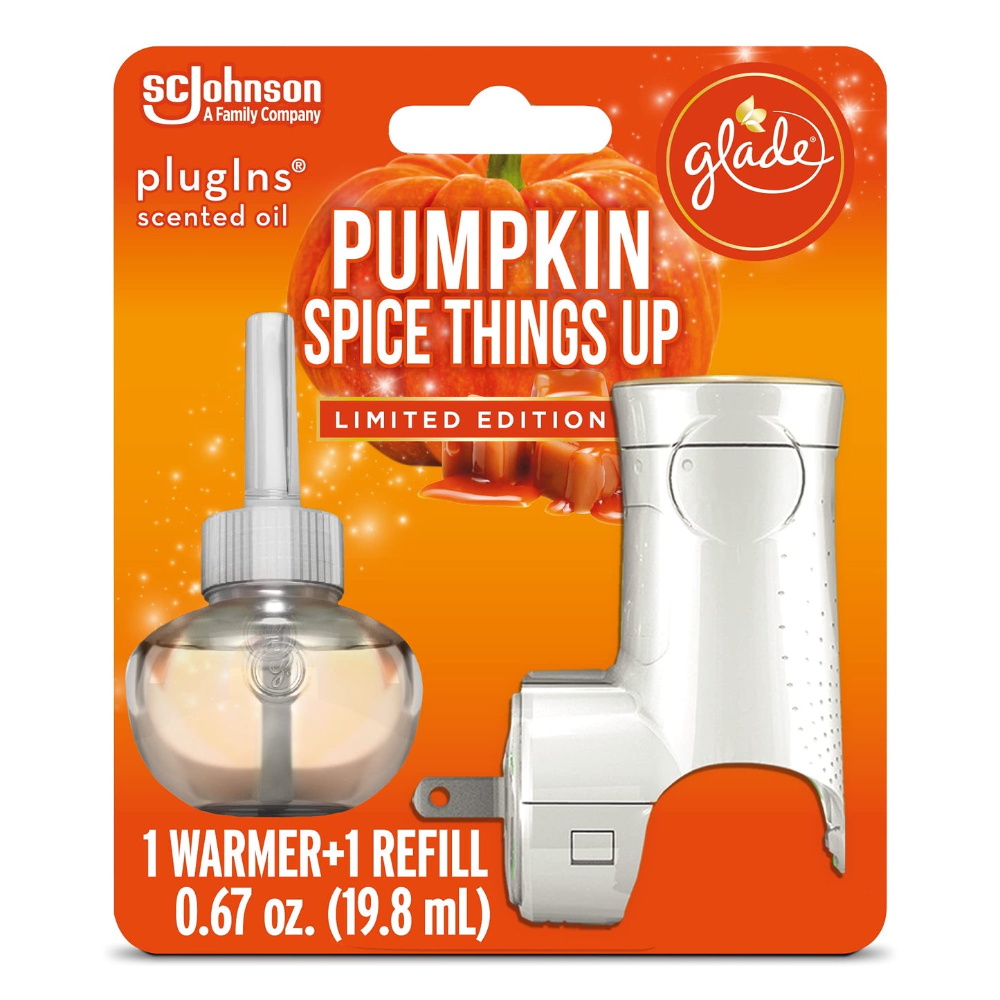 Glade PlugIns Refills Air Freshener Starter Kit, Scented and Essential Oils for Home and Bathroom, Pumpkin Spice Things Up, 0.67 Fl Oz, 1 Warmer + 1