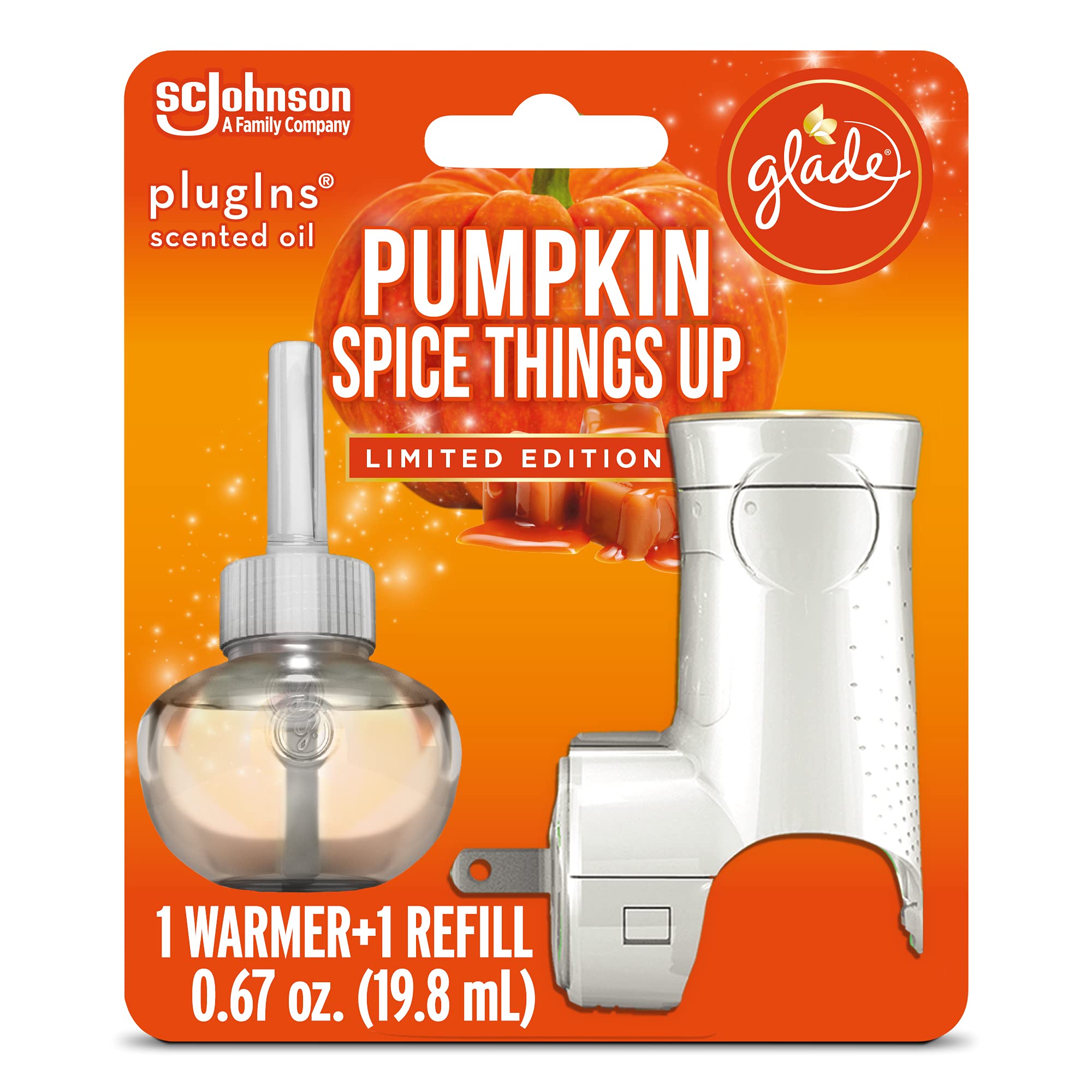 Glade PlugIns Refills Air Freshener Starter Kit, Scented and Essential Oils for Home and Bathroom, Pumpkin Spice Things Up, 0.67 Fl Oz, 1 Warmer + 1