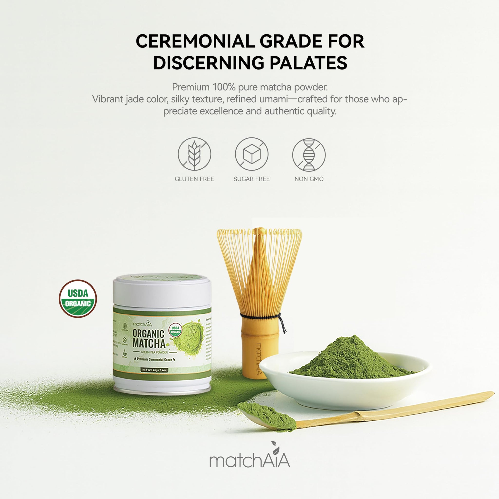 MatchAiA Organic Ceremonial Matcha Green Tea Powder - Premium Ceremonial Grade, First Spring Harvest, USDA Certified, 100% Pure - Sugar Free, Gluten