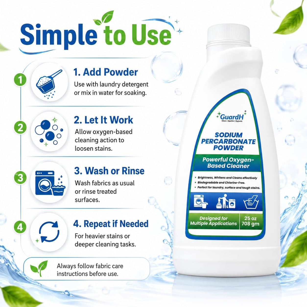 GuardH Sodium Percarbonate Powder - 25 oz | Oxygen-Based Laundry Booster | Natural Stain Remover & Fabric Brightener