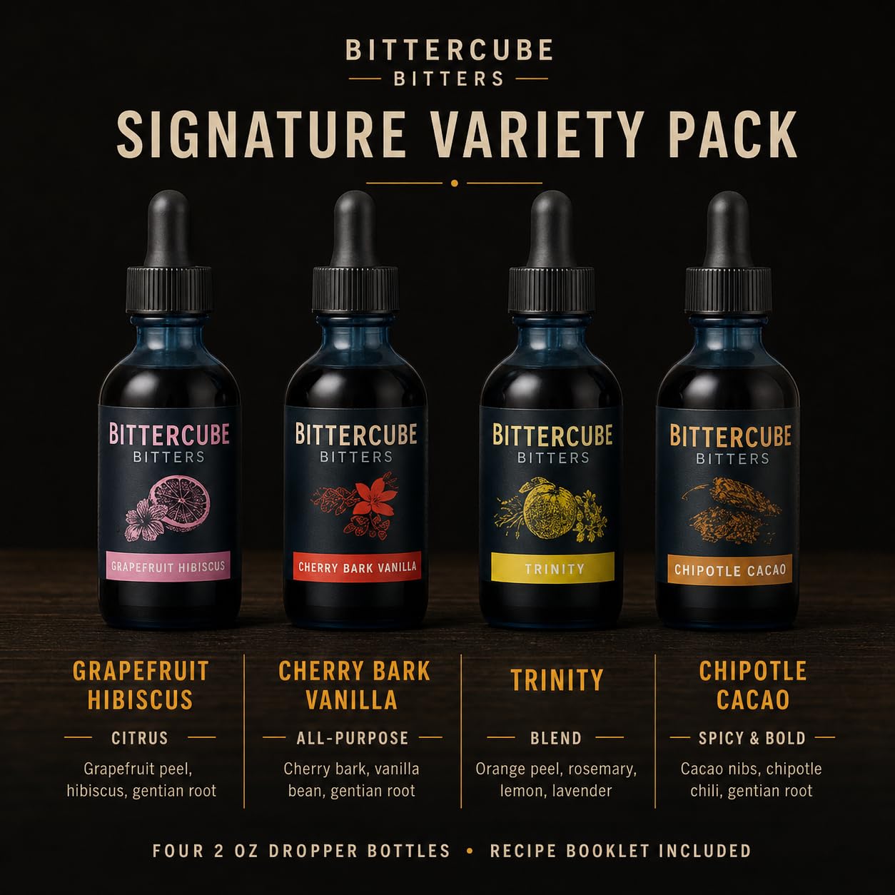 Bittercube Cocktail Bitters Signature Variety Pack Gift Set - Cherry Bark Vanilla, Grapefruit Hibiscus, Chipotle Cacao, Trinity - 4 Premium Craft