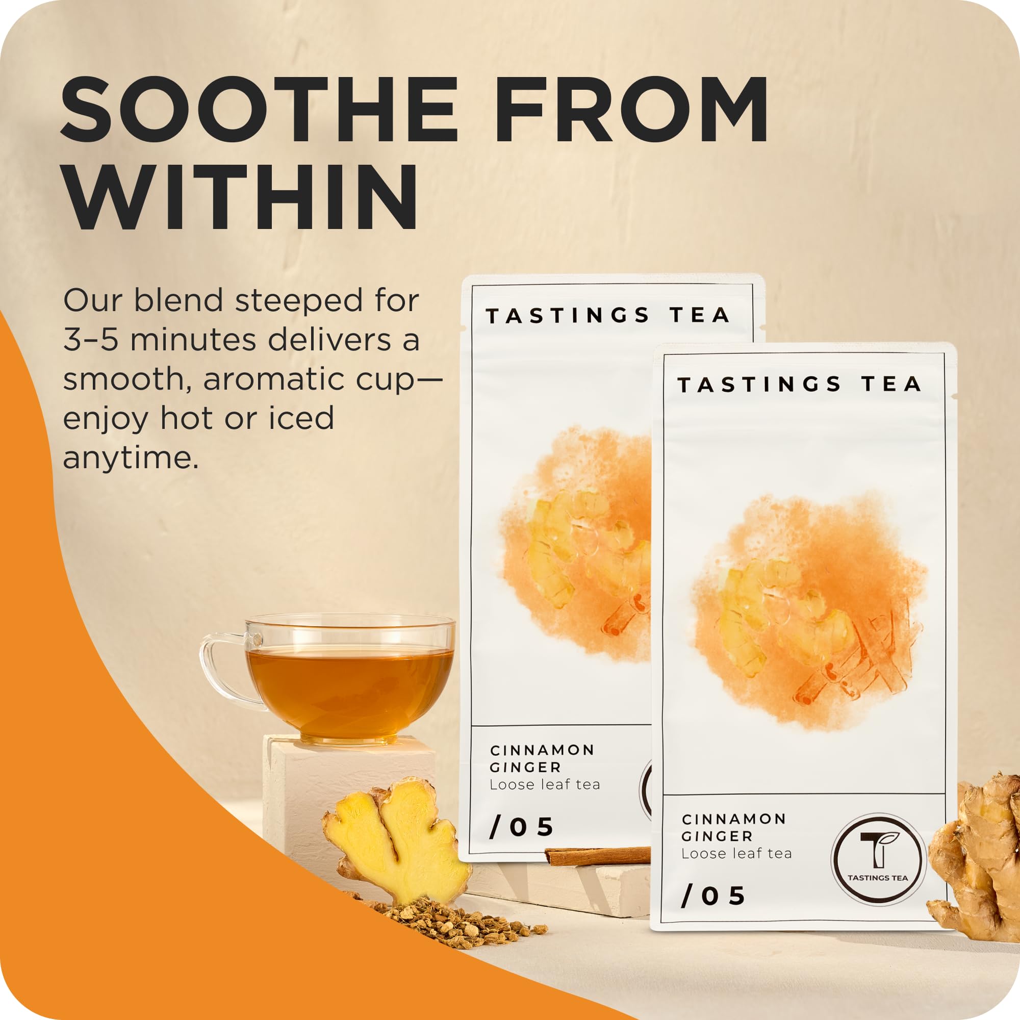 Tastings Tea Cinnamon Ginger Loose Leaf, 8 oz | Winter Warming Herbal Spice Blend for a Seasonal Brew | Natural Antioxidants for Wellness | Small