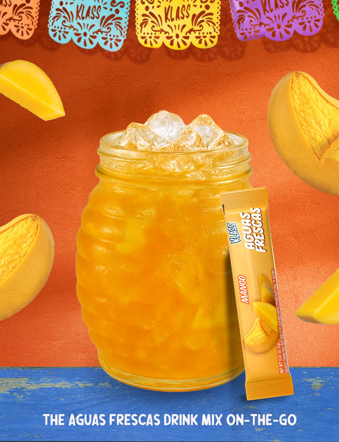 Klass Aguas Frescas, Powdered Drink Mix, 40 Singles Zero Sugar & Caffeine-Free Powder Packets, Water Drink Mix, Flavor: Mango - 5 Calories Per Packet