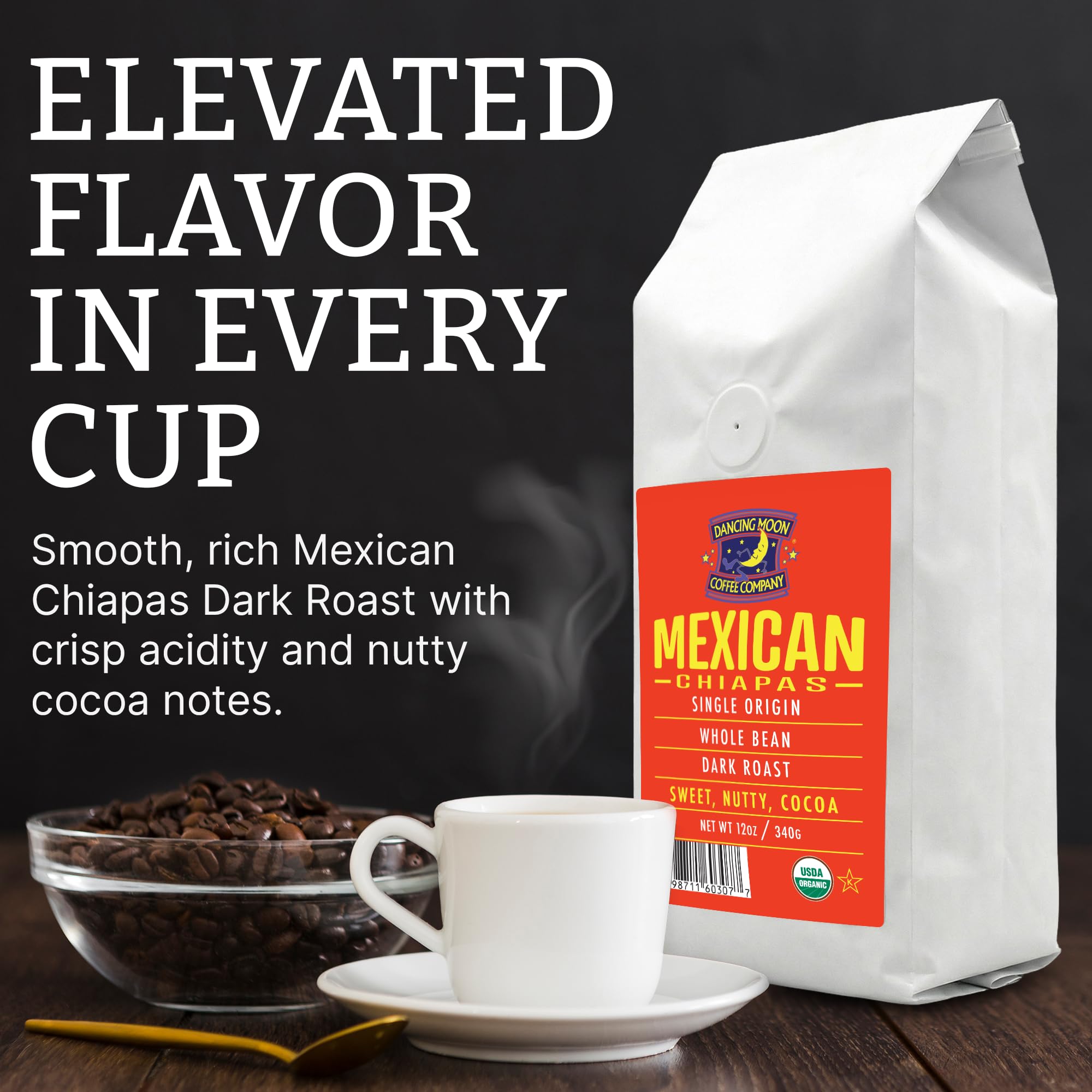 Dancing Moon Dark Roast, Mexican Chiapas Organic Whole Bean Coffee (1-pack)