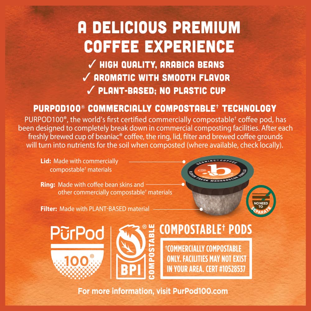 beaniac Flavor Freak Madagascar Vanilla, Flavored Light Roast, Single Serve Compostable K Cup Coffee Pods, Arabica Coffee with Natural Flavors, Keurig