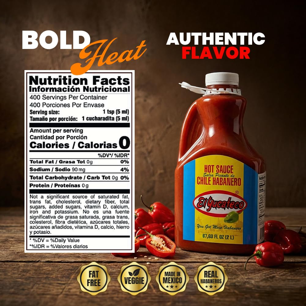 El Yucateco Red Habanero Hot Sauce Authentic Mexican Chile Habanero Sauce, Medium Heat, 8 fl oz / 120 ml), Imported from Mexico (Half Gallon)