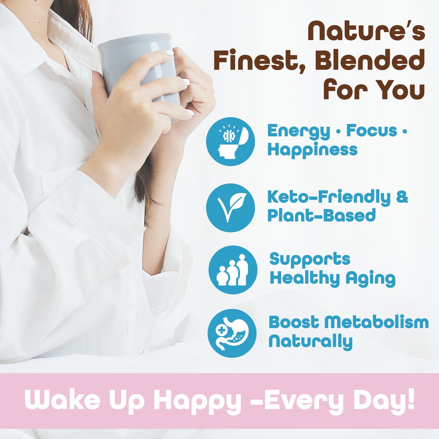 Wakers HAPPY Coffee supports energy, focus, anti-aging, and metabolism. Made in the USA with natural ingredients and Keto-friendly. Reminding you