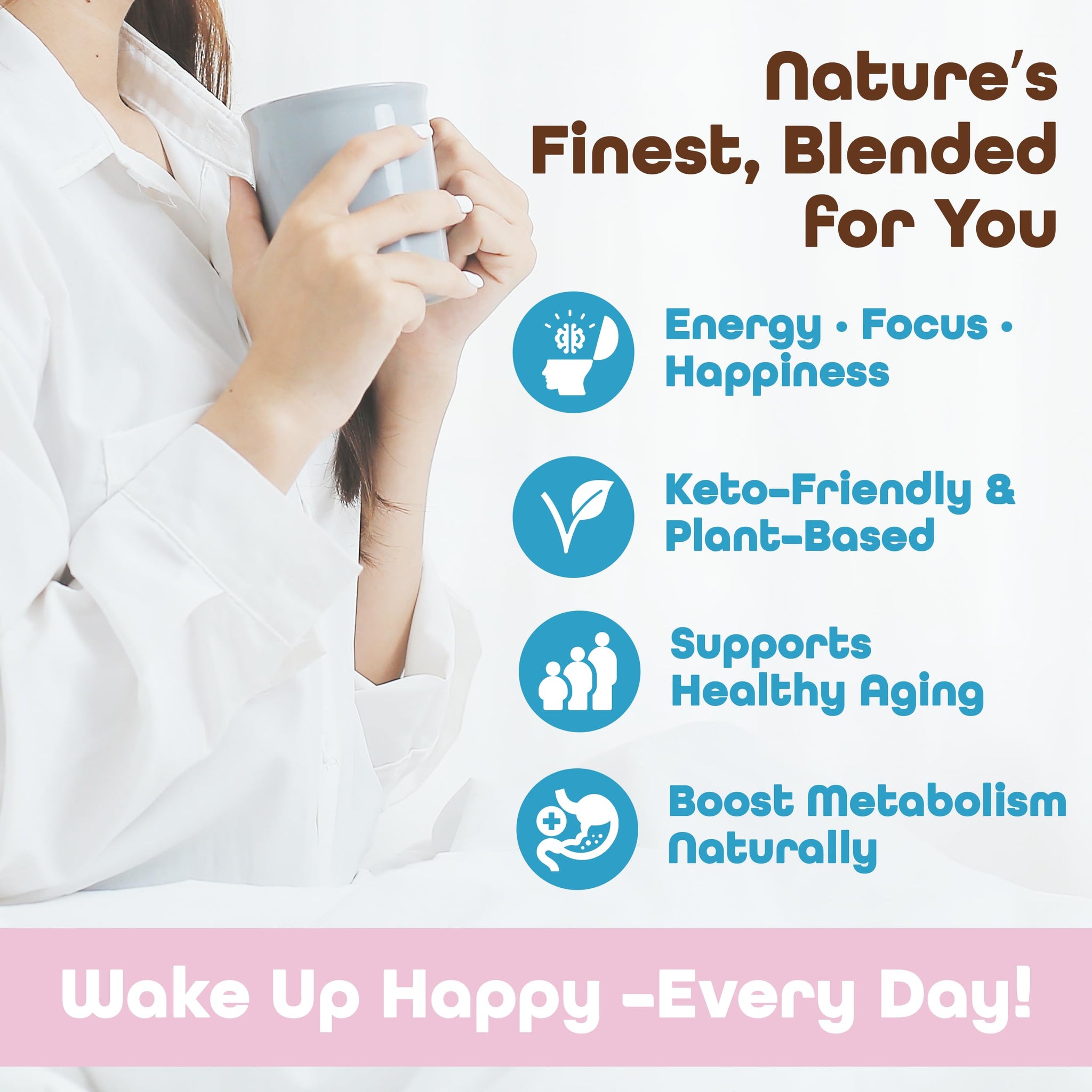 Wakers HAPPY Coffee supports energy, focus, anti-aging, and metabolism. Made in the USA with natural ingredients and Keto-friendly. Reminding you