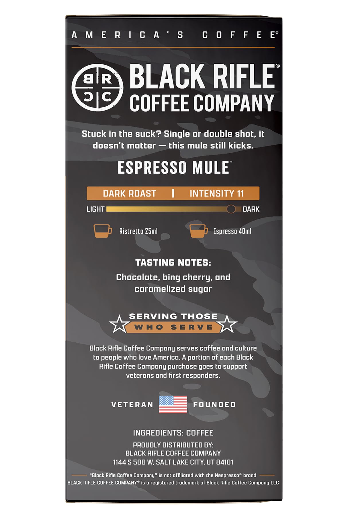 Black Rifle Coffee Company 30 Espresso Mule Capsules - Dark Roast Espresso, Chocolate, Bing Cherry & Caramelized Sugar, espresso Compatible