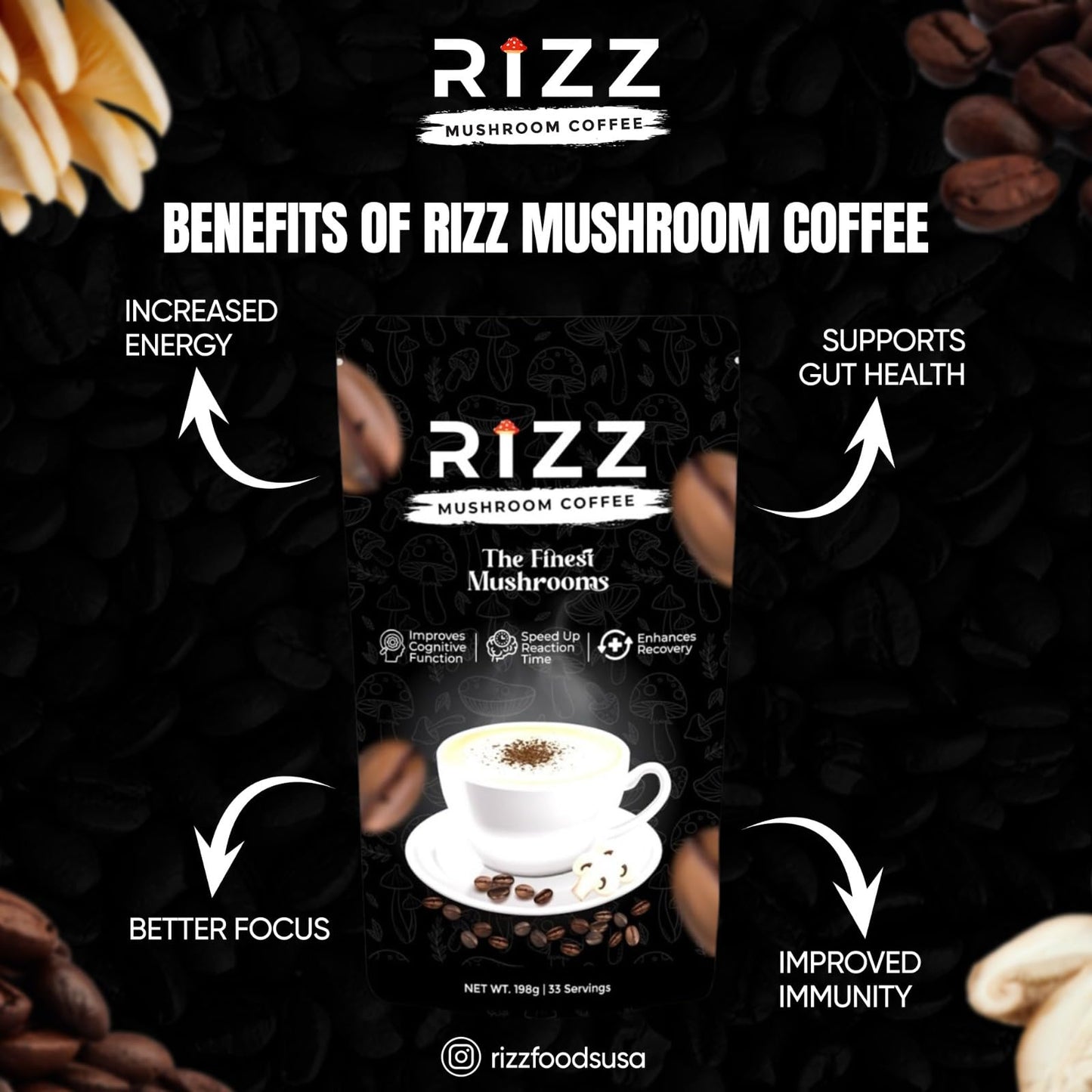 Rizz Mushroom Coffee, 6 Adaptogenic Mushrooms and MCT Oil, Instant Coffee for Better Energy