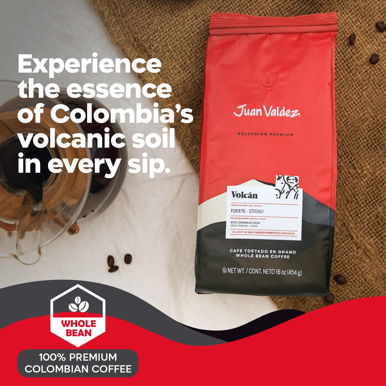 Juan Valdez Volcan Whole Bean Coffee - Dark Roast | 100% Colombian Arabica Beans | 100% Colombian Coffee with Low Acidity and Notes Of Sweet Caramel