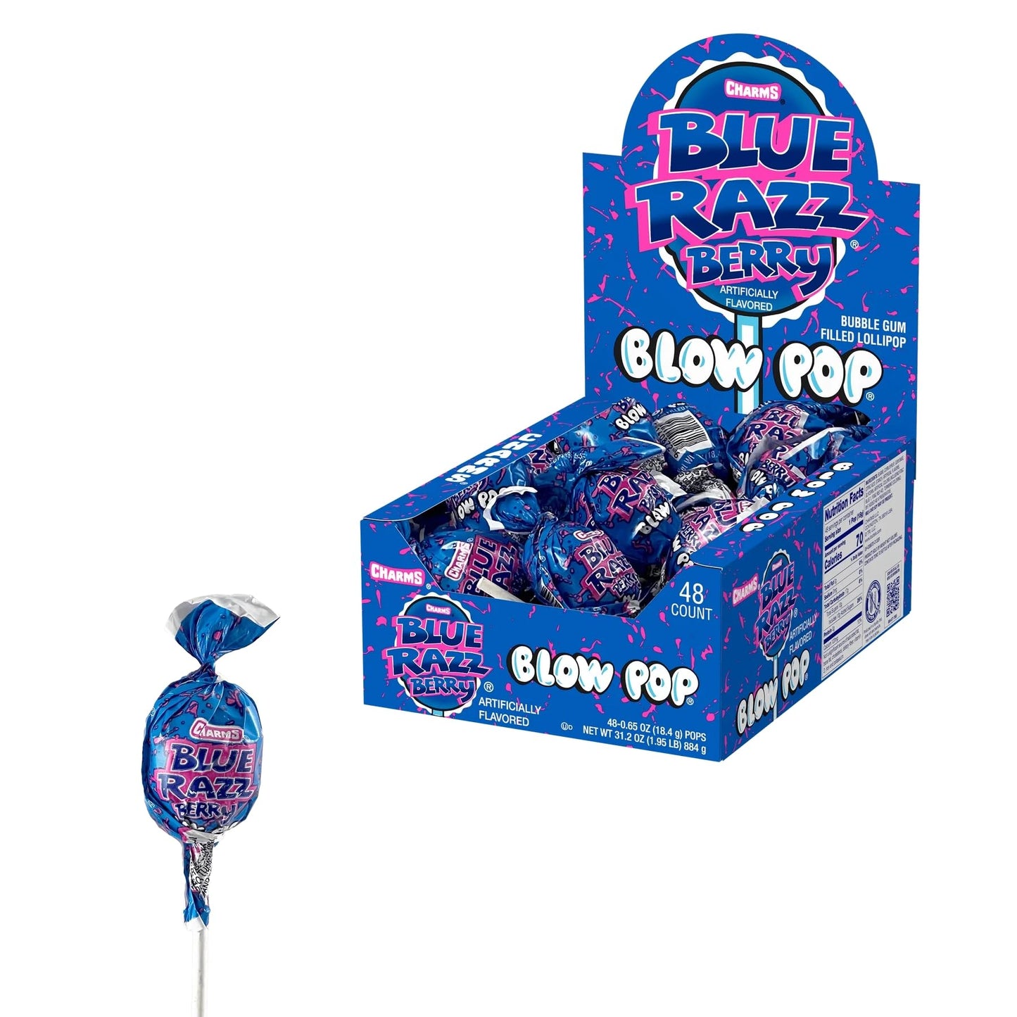 Charms Blow Pop Lollipops - Individually Wrapped Dual Candy and Gum Suckers - Peanut Free, Gluten Free - Bulk Treat for Kids and Adults - Blue Razz