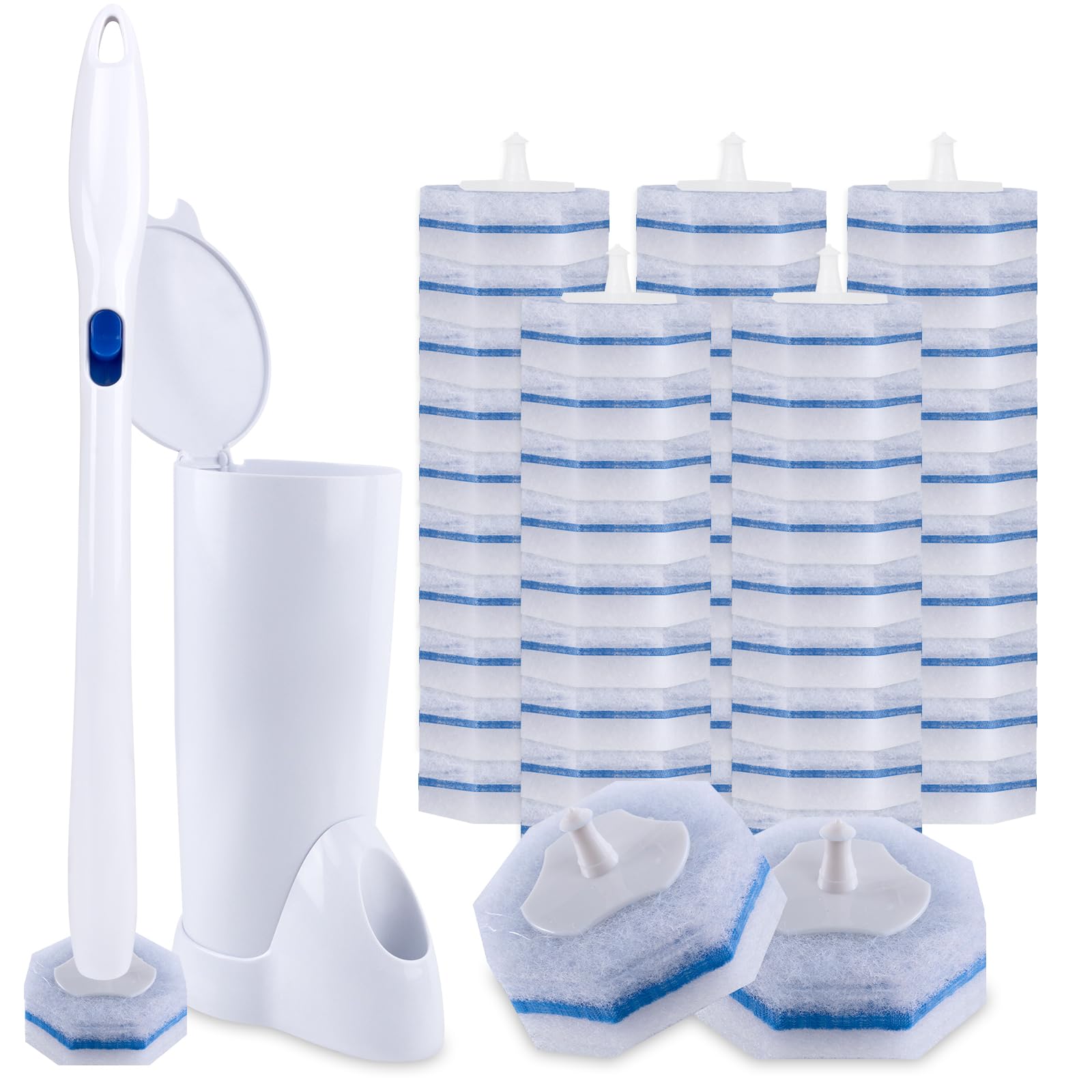 LufamlyGo Upgraded Disposable Toilet Brush and Holder Set, 50 Toilet Wand Refills with Thickened Cleaning Layer, Won't Fall Apart, Large Opening