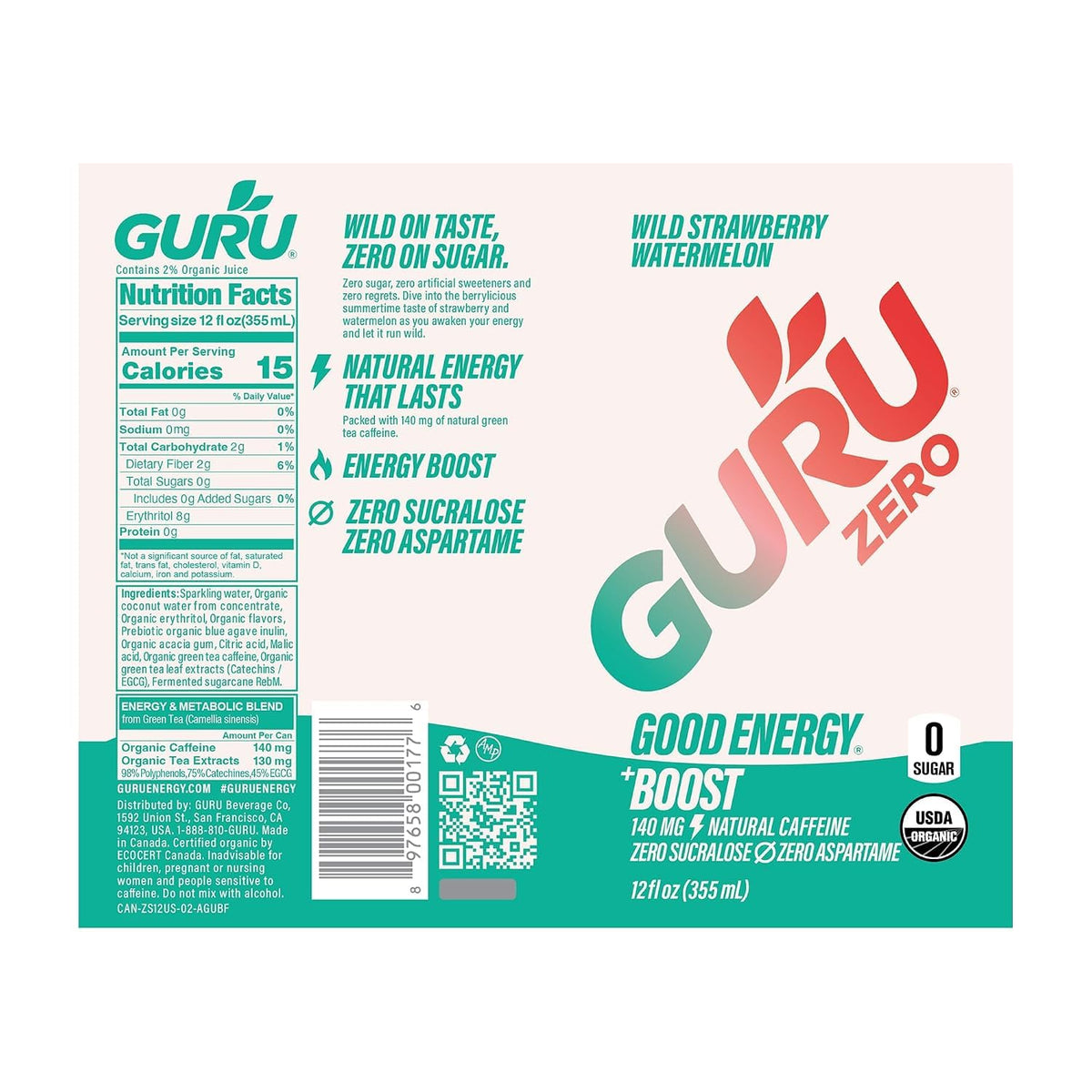 GURU Zero Sugar Energy Drink, Strawberry Watermelon, 12 Fl Oz, 12 Pack