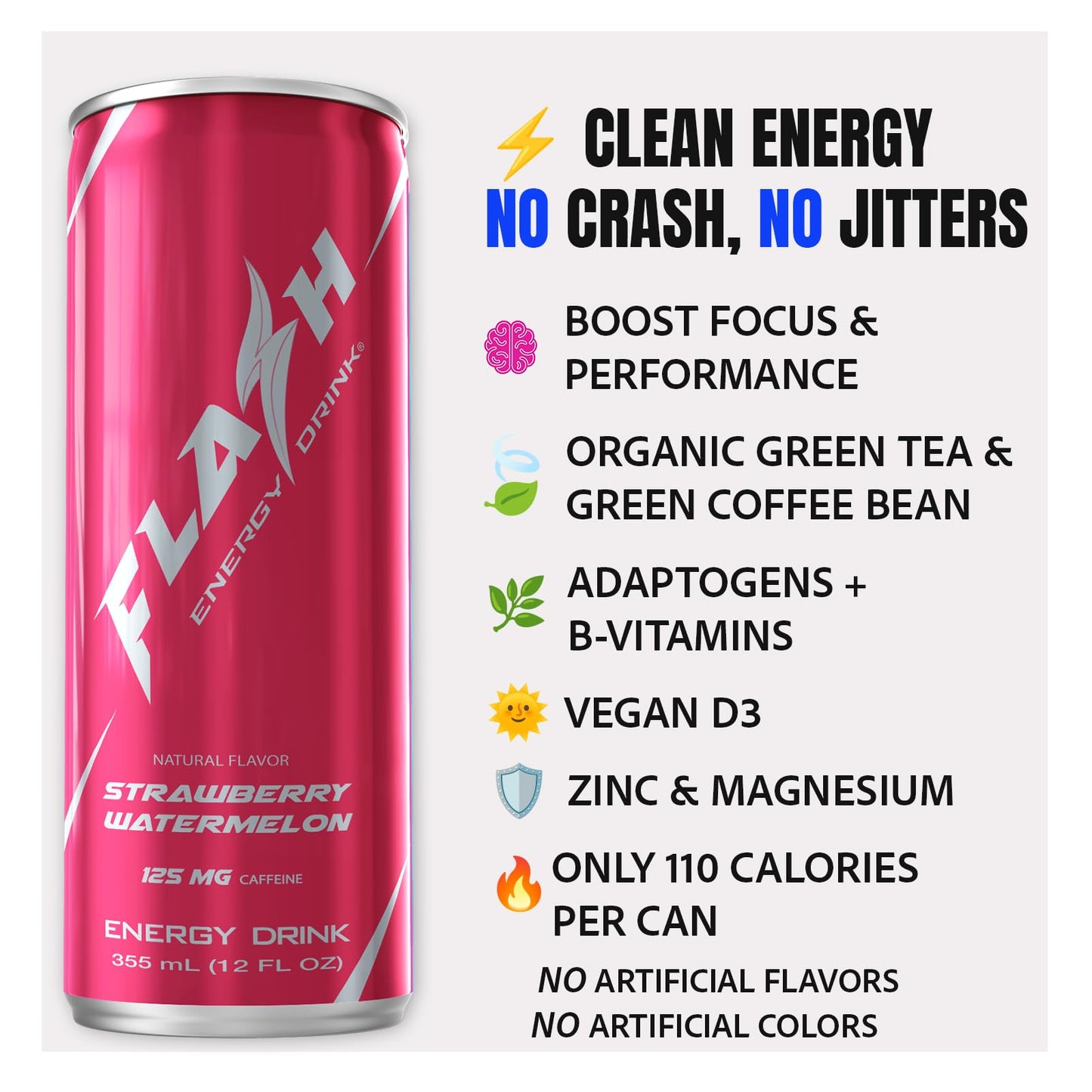 Flash Energy Drink | Elevate your Energy, Focus, and Performance | Natural | Non-GMO, Vegan, Gluten-Free Ingredients, Organic Green Tea, and Green