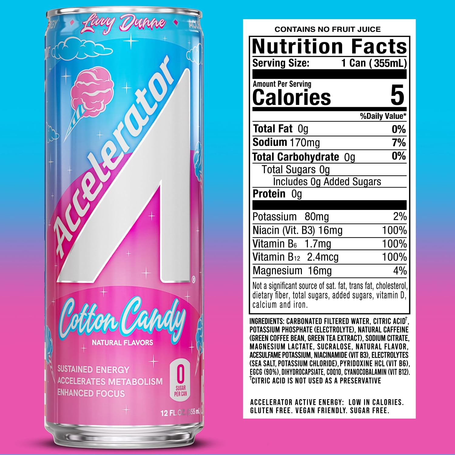 Accelerator Energy Drink, Cotton Candy 12oz can (12 pack), Zero Sugar, Sustained Energy from 100% Natural Caffeine (200mg from Green Coffee Bean