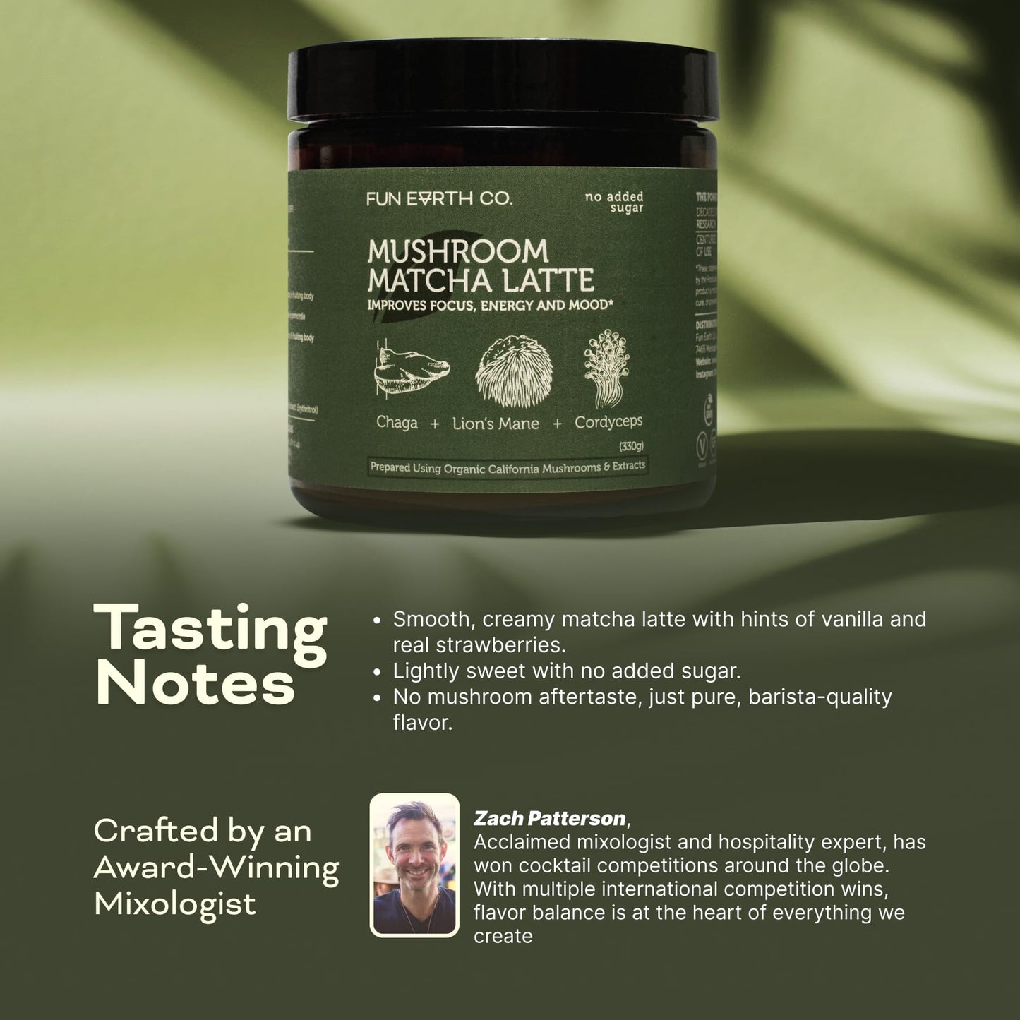 Fun Earth Matcha Mushroom Latte, Ceremonial Grade Matcha Blended with Lion’s Mane, Chaga and Cordyceps - Vanilla Strawberry Flavor for Smooth Energy