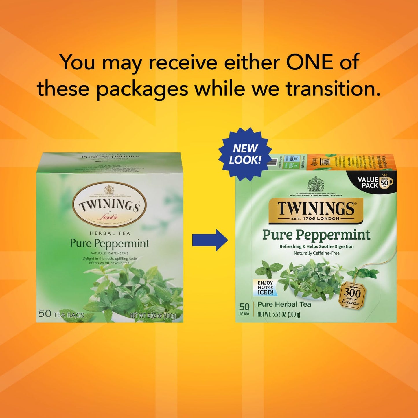 Twinings Pure Peppermint Tea - Naturally Caffeine Free, Refreshing Mint Herbal Tea Bags Individually Wrapped, 50 Count