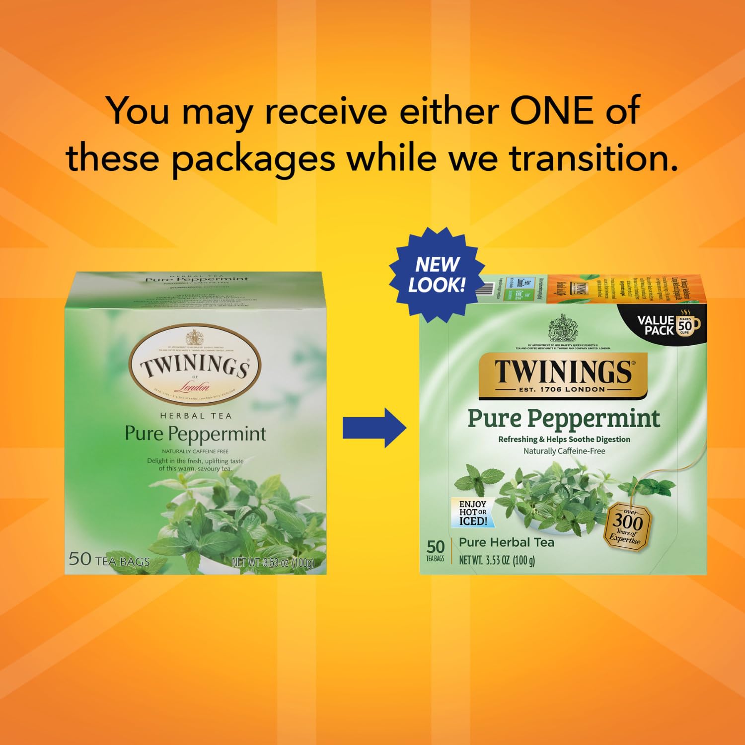 Twinings Pure Peppermint Tea - Naturally Caffeine Free, Refreshing Mint Herbal Tea Bags Individually Wrapped, 50 Count