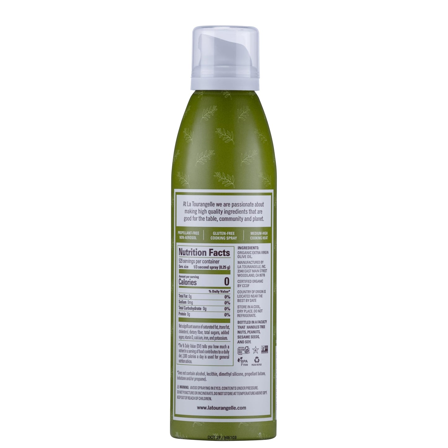 La Tourangelle, Organic Extra Virgin Olive Oil Spray, Cold-Pressed, All-Natural, Artisanal, Great for Cooking, Sauteing, Grilling, 5 Fl Oz