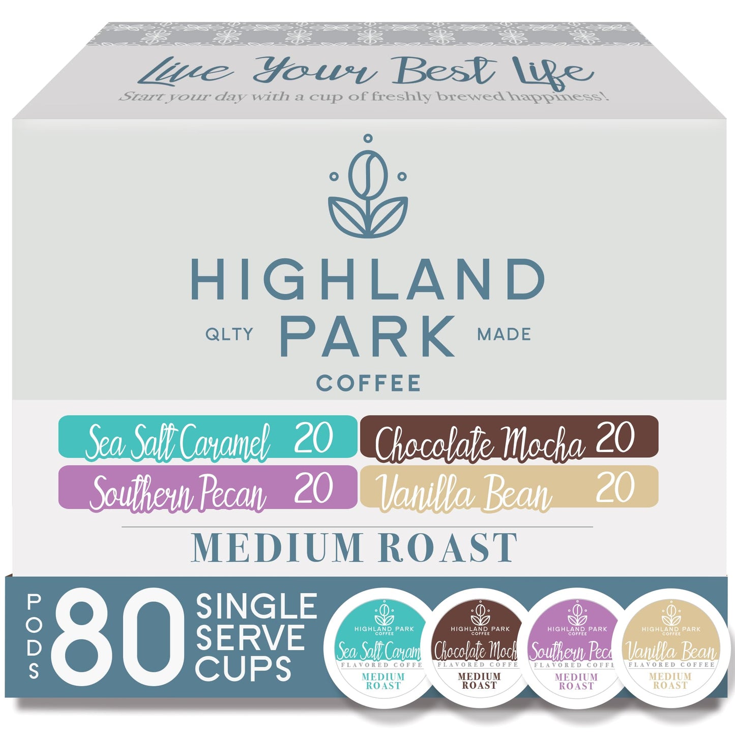 Highland Park Coffee Single Serve Coffee Pods Compatible with Keurig K Cup Brewers, Medium Roast, Flavored Variety, 80 Count