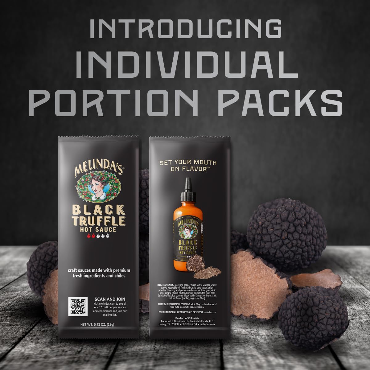 Melinda’s Black Truffle Hot Sauce Packets - 200 Count (.42 Oz Each) - Hot Sauce Packets Single Serve for Travel, Party, Business - Convenient