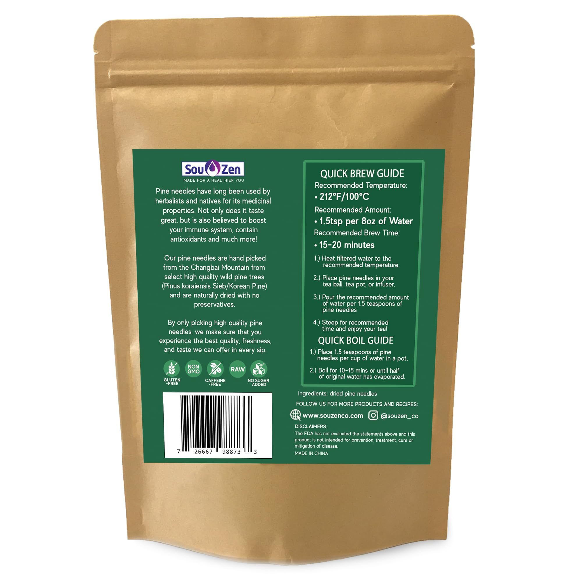 Sou Zen Pine Needle Tea Loose Leaf 4oz | Korean Pine Needle Herbal Tea from Changbai Mountains | Caffeine Free Loose Leaf Tea | Raw, Non-GMO, No