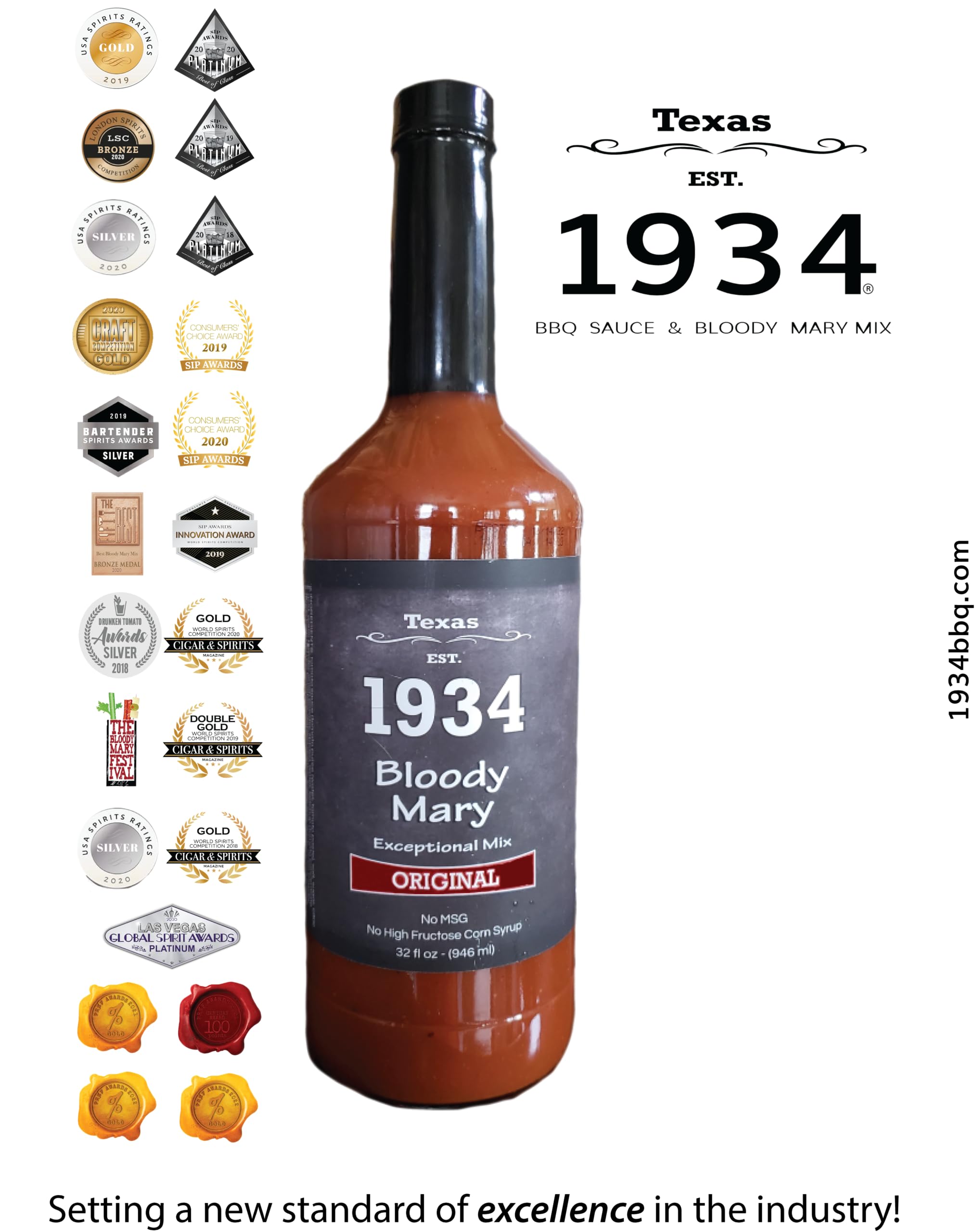 Texas Est. 1934 Bloody Mary Premium Mix | Natural ingredients Recipe | Fresh Vegetables Blend | Low Carb, Low Calories | Ready to Use | 32 OZ Bottle